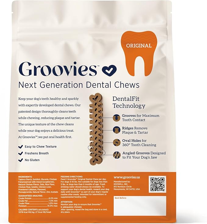 Groovies Flexible Dog Dental Chews with Patented DentalFit Technology to Help Support Tartar Control & Fresh Breath, Small Dog Chews for 5-15 lb Dogs, USA Manufactured Oral Care, 96 Chews