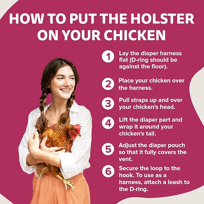 Hen Holster Wrap-Around Bird Diaper & Harness for Hens, Roosters, Ducks, Geese - with Removable Vinyl Liner, Adjustable Fit for Outdoor Adventures & Indoor Use - Easy to wear - Large, Pink