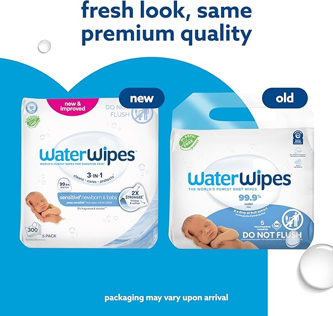 WaterWipes Sensitive+ Newborn & Baby Wipes, 3-In-1 Cleans, Cares, Protects, 99.9% Water, Unscented & Hypoallergenic, 300 Count (5 Packs)