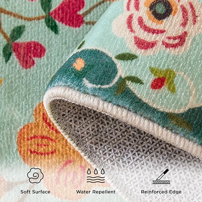 2x3 Washable Rug for Entryway, Floral Green Soft Small Area Rug, Non Slip Doormat Indoor Entrance Carpet, Flower Low Pile Front Door Throw Rug for Bedroom, Kitchen, Laundry, Bathroom, Sage Green