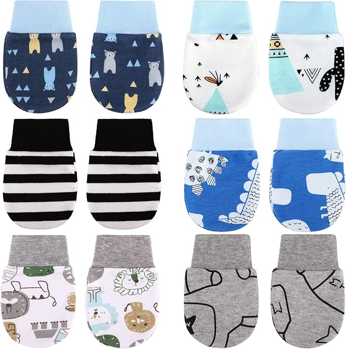 6 Pairs Newborn Baby Mittens No Scratch Gloves Infant Toddler Anti Scratch Essentials Unisex Cotton for 3-9 Months Girls Boys (Gray Series, Cool)