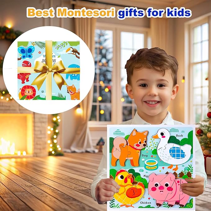 Farm Animal Puzzles for Toddlers 1-3, Gifts for 2 3 Years Old Girls Boys,Wooden Montessori Puzzle 2-4, Toddler Toys Learning Educational Toys Kids Ages 2-3