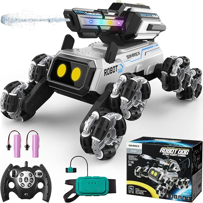 Robot Dog RC Stunt Car Toys - Gesture Sensing Remote Control car with Mecanum Wheels, LED Eyes, 3 Sound Effects,Water-Shooting Turret & RGB Lights,Birthday Gift for Kids Boys Girls