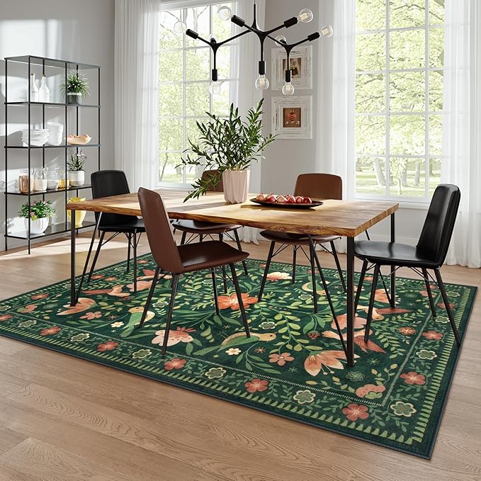 Moynesa Boho Bird 6x9 Area Rugs, Washable Ultra-Thin Dark Green Rugs for Living Room, Soft, Low Pile, Indoor Boho Large Throw Carpet for Bedroom Dining Room Under Table Office Playroom