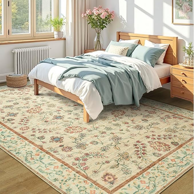LOCHAS Washable Area Rugs 8x10, Beige Floral Rug for Living Room Bedroom Non Slip, Ultra Soft Vintage Indoor Carpet for Kids, Nursery, Dorm, Dining Room, Classroom, Boho Flower Home Decor, Low-Pile