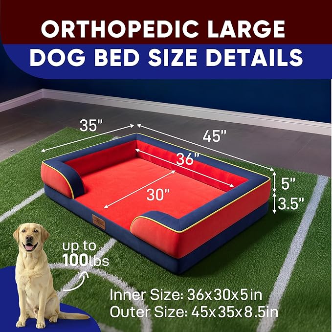 Comfort Expression Orthopedic Dog Bed for Extra Large Dogs 45x35 Inch, Waterproof Egg Crate Foam XL Pet Bed with Removable Bolsters, Dog Couch with Washable Cover & Non-Slip Bottom, Kansas