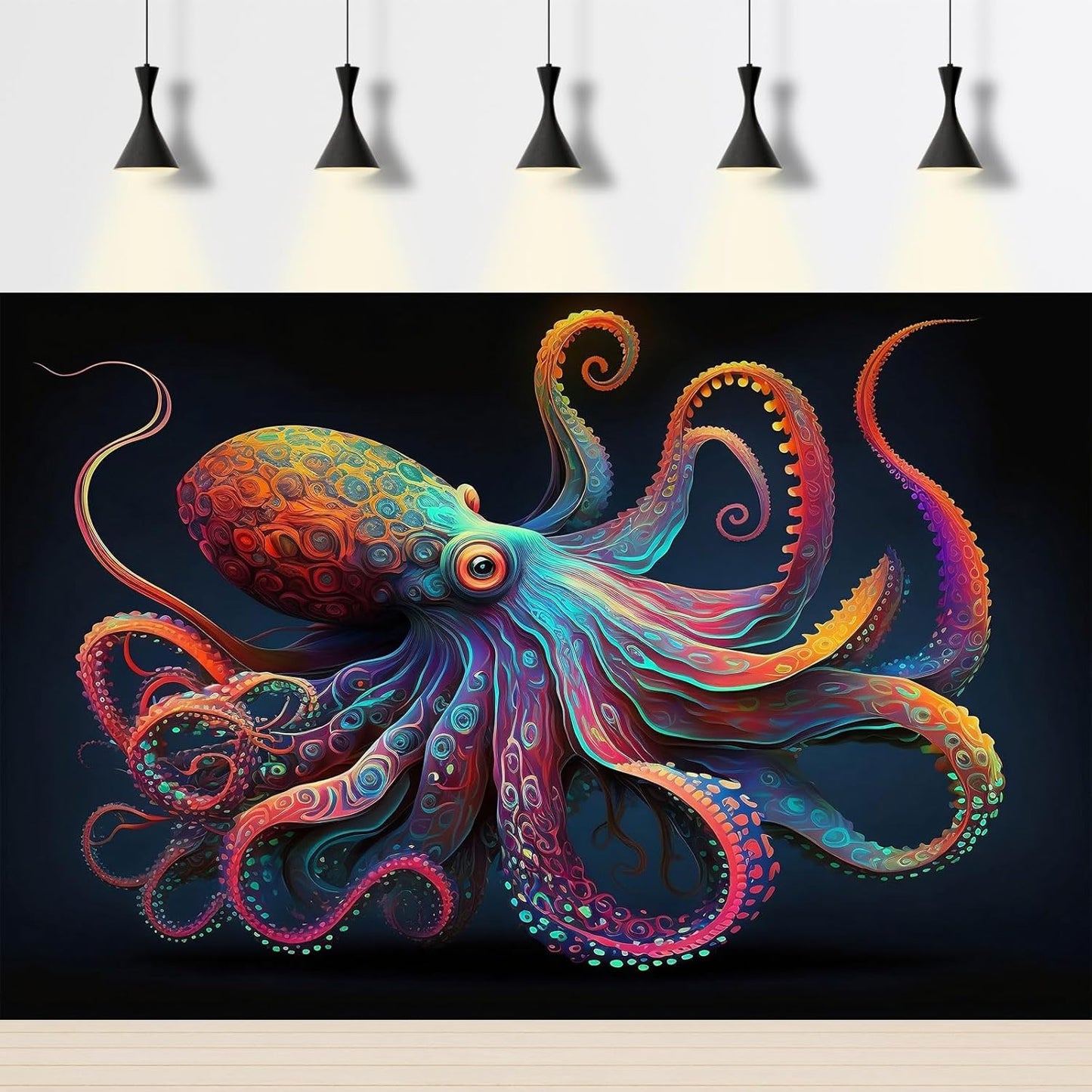 Exquisite Octopus Aquarium Background Abstract Colorful Octopus Terrarium Background Glowing Octopus on Black Background Fish Tank Backdrop Octopus Backdrops Poster Wallpaper Decors Vinyl 72x16in