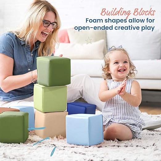 ECR4Kids SoftZone Patchwork Toddler Building Blocks, Foam Cubes, Earthtone, 12-Piece