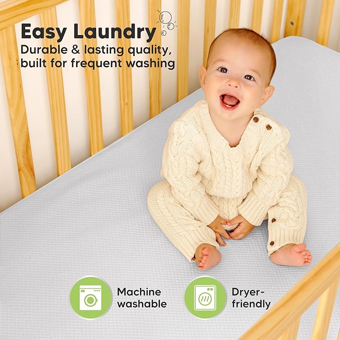 Waterproof Crib Mattress Protector Cover Fitted - 2-Pack Quiet Baby Crib Mattress Pad Sheets, 52" x 28" Soft Quilted Cotton Baby Sheet, Machine Washable, Easy Fit, Durable (Pearl Gray/Quin)