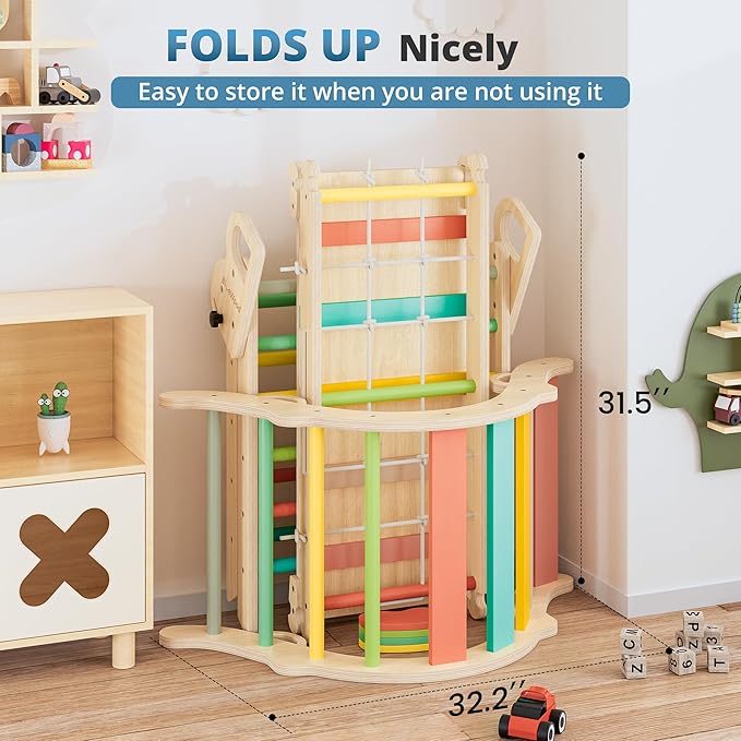 BlueWood 10-in-1 Pikler Triangle Set, Toddler Climbing Toys Indoor, Montessori Climber, Baby Jungle Gyms with Arch, Extra Rope Ladder & Footprint Balance Beam - Rose Garden