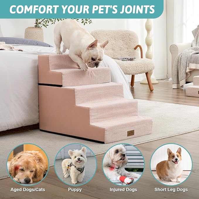Dog Stairs for Small Dogs, 17.7" Extra Wide Detachable Pet Stairs for Couch and Bed, 23.6" H Non-Slip Dog Steps for Puppies and Old Cats, 17.7x29.5x23.6 inch, Pink