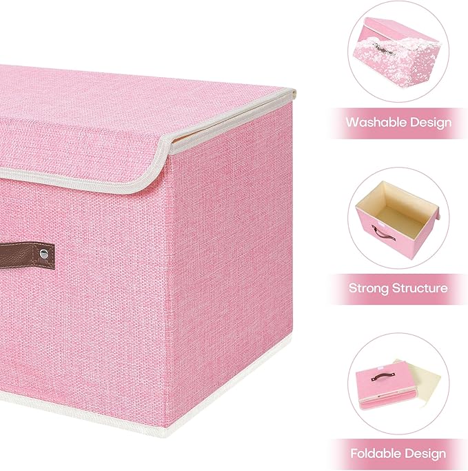 ANMINY 4PCS Storage Bins with Lid PU Leather Handles Storage Boxes PP Plastic Board Decorative Foldable Lidded Cotton Linen Fabric Home Cubes Baskets Closet Organizer Containers - Pink, Large Size