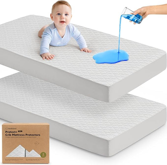 Waterproof Crib Mattress Protector Cover Fitted - 2-Pack Quiet Baby Crib Mattress Pad Sheets, 52" x 28" Soft Quilted Cotton Baby Sheet, Machine Washable, Easy Fit, Durable (Pearl Gray/Mavy)