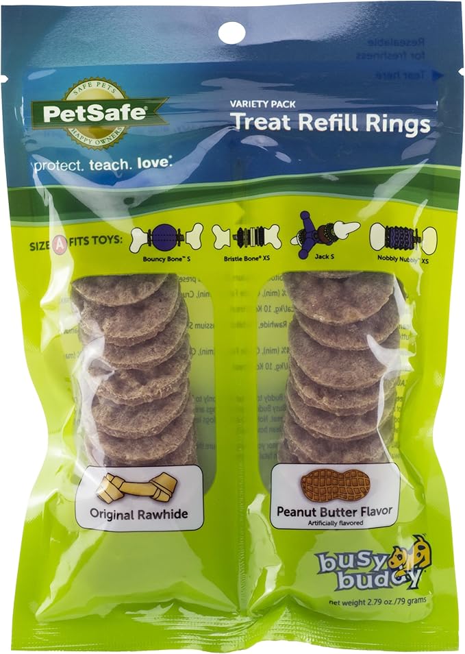 PetSafe Busy Buddy Rawhide Treat Rings - Quality Dog Treats - Training Reward - Original Rawhide & Peanut Butter Flavors - Size A - 24 Rings