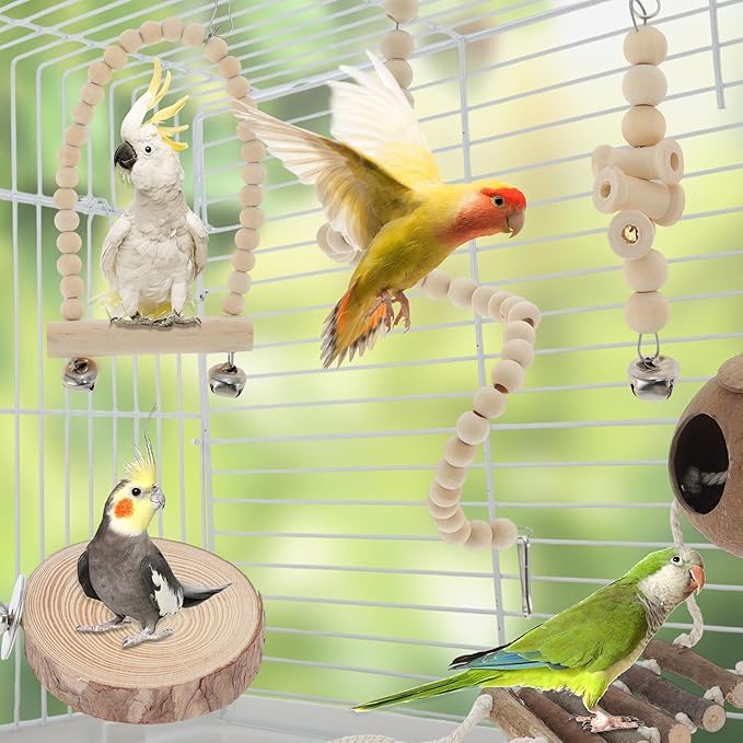 9pcs Cockatiel Toys, Interactive Bird Toy, Parrot Toys, Parrots Chewing Wood and Rope Bird Cage Accessories for Parakeets Cockatiel Wood Color