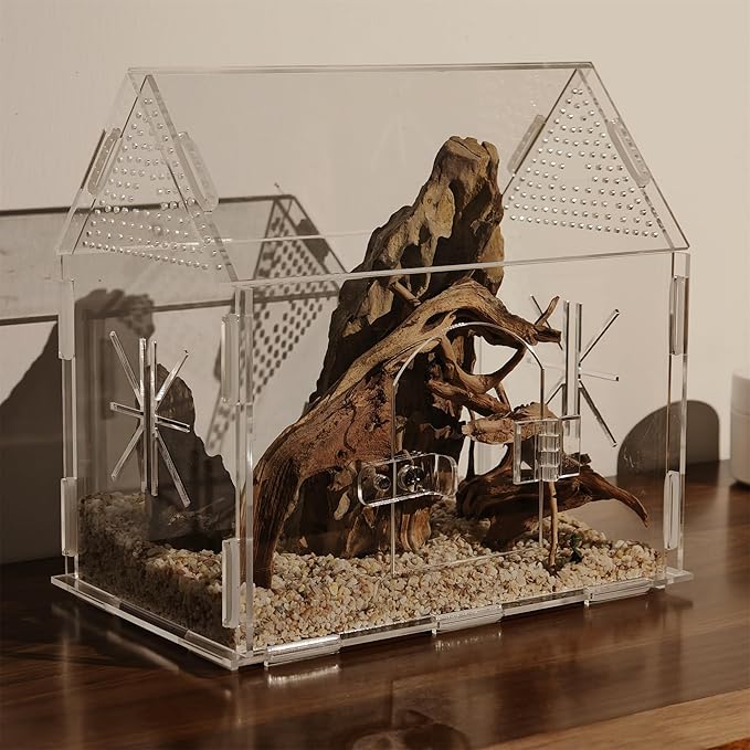 Jumping Spider Enclosure, Acrylic Terrarium for Praying Mantis, Small Tarantula Enclosure with Front Door, Versatile Reptile Habitat for Lizard, Snails, Gecko, Farmhouse Barn Shape 8.6"L*5.4"W*7.9"H