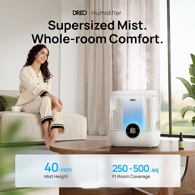 Dreo 6L Top Fill Humidifiers for Bedroom, 60H Runtime 28 dB Quiet Supersized Cool Mist Air Humidifiers for Large Room, Baby Nursery, Plant, Indoor, Night Light, Easy to Clean, Precise Humidity Control