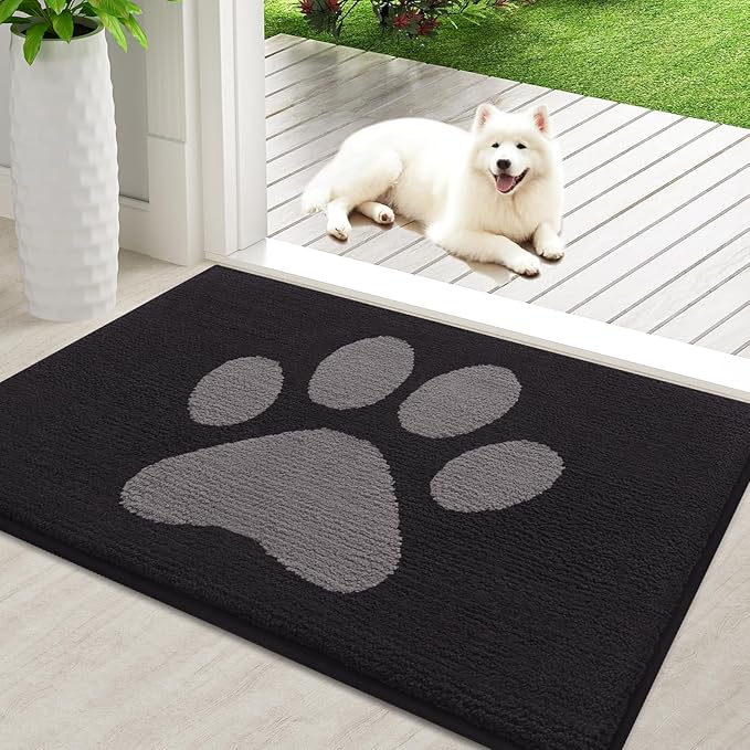 Buganda Dog Door Mat for Muddy Paws, Absorbent Dirt Trapper Non Slip Indoor Doormats, Washable Low-Profile Mat for Mud Dogs, Entryway Carpet for Inside Floor (36x24 Inches, Black and Grey)