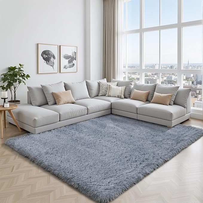 Area Rug for Living Room Bedroom: 6x9 Grey Soft Fluffy Shag Upgrade Non-Slip