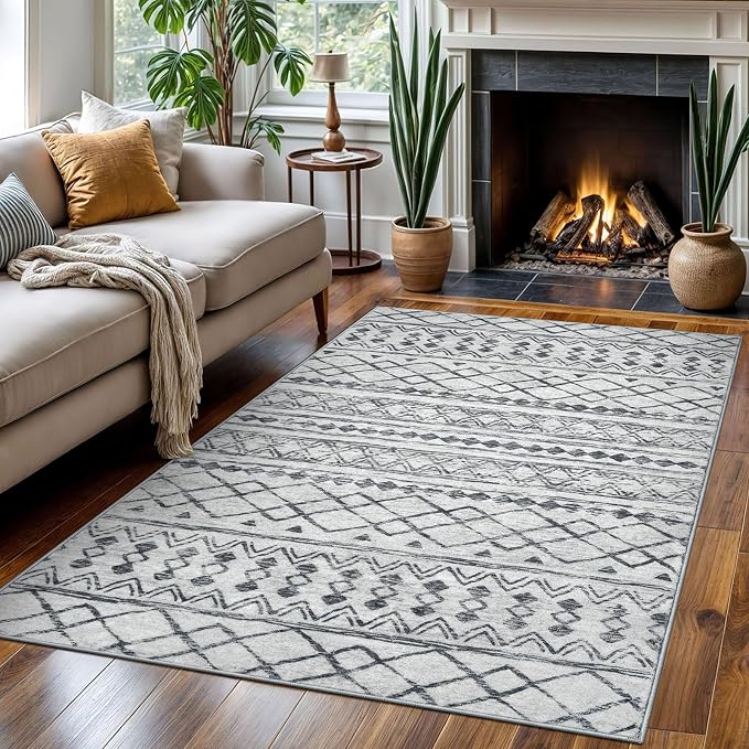 KUTA Bedroom Boho Rug 4x6 Grey, Moroccan Washable Area Rugs Non Slip, Ultra