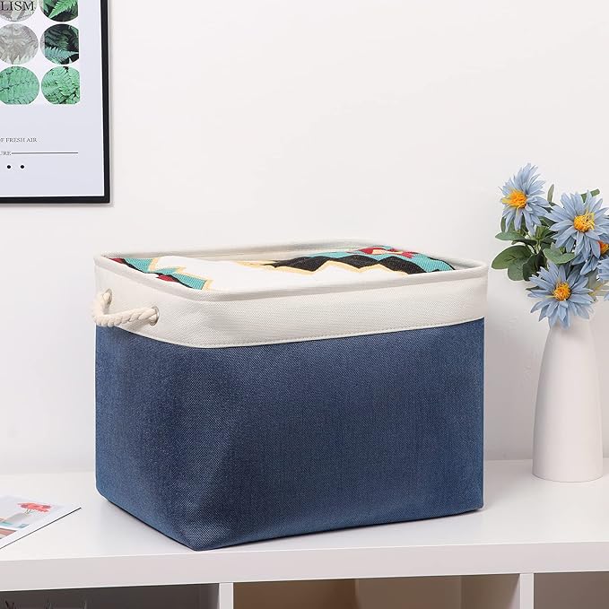Bidtakay Fabric Storage Baskets with Handles for Organizing 16" x 11.8" x 11.8" Navy Blue Baskets [2-Pack] Shelf Baskets Large Canvas Collapsible Bins for Closet (White&Blue)