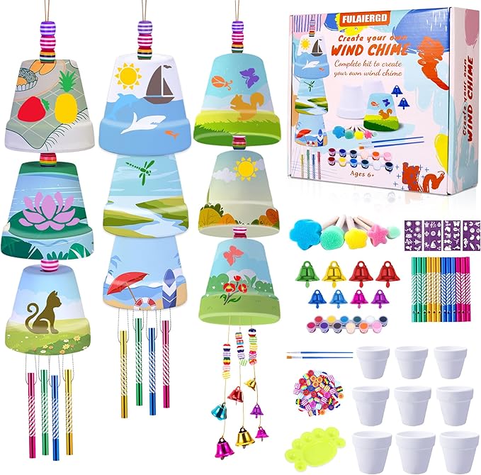 FULAIERGD 3 Pack Wind Chime Making Kit for Kids- Wind Chime Craft Painting Kit-Ceramic Pot, Bells, Stencils and Beads DIY Crafts Gifts for End of Year Student, Christmas, Birthday, Summer Decor
