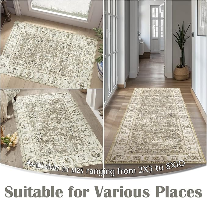 jinchan Hallway Runner Rug 3x10 Washable Runner - Vintage Floral Non Slip Low-Pile Soft Thin Faux Wool Kitchen Rug Distressed Carpet for Farmhouse Bedroom Laundry Room(3x10ft,Taupe)