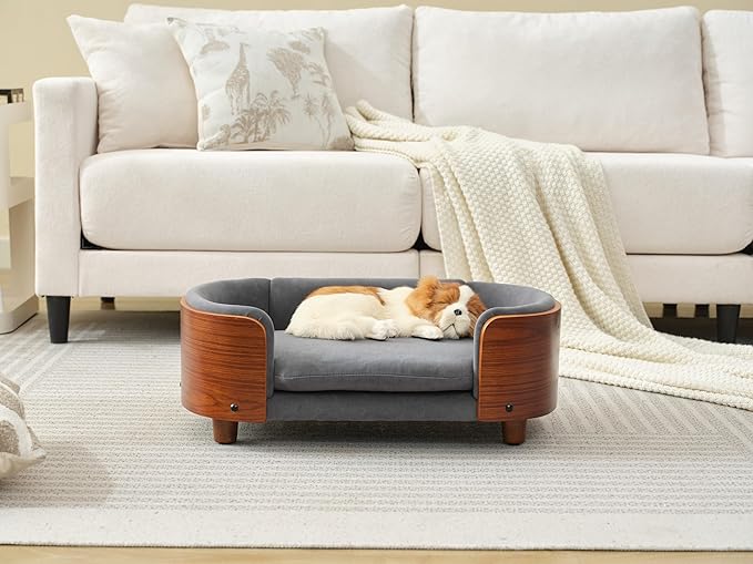 Scandinavian Style Elevated Dog Bed, Pet Sofa with Solid Wood Frame & Walnut Bent Wood Back, Orthopedic Support, Removable Washable Velvet Cover, Small Size, Dark Grey