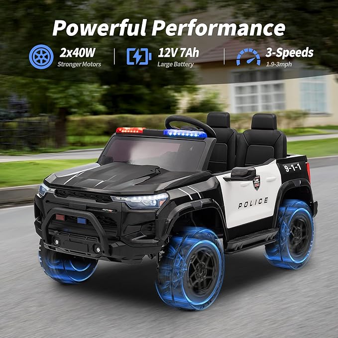 12V 7Ah Electric Police Car Ride on Toy for Big Kids, 2 Seater Kids Ride on Car SUV with Remote Control, Bluetooth - Black
