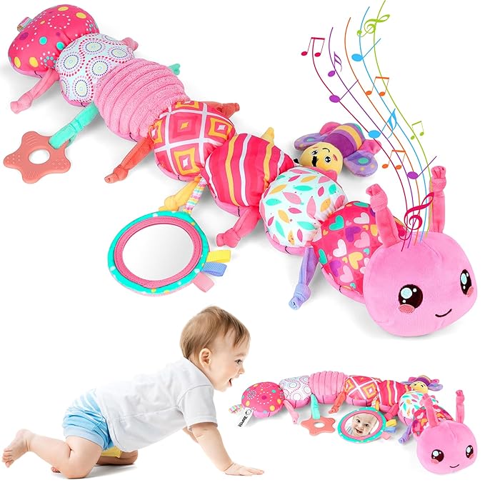 Baby Girls Toys 6-12 Months - Infant 6-in-1 Sensory Music Animal Stuffed Caterpillar Toy with Rattle & Mirror Crinkle for Tummy Time, Newborn 0 3 6 9 12 18 Shower Gifts Soothing Companion Toys, Pink