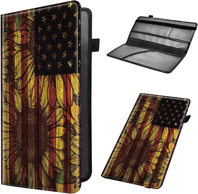 Car Registration and Insurance Holder, Leather Car Glove Box Organizer, Cool Car Accessories for ID, Driver's License Cards & Essential Document, Business Cards, Men&Women,Cute Sunflowers Flag