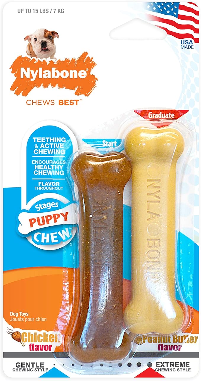 Nylabone New Puppy Starter Kit, Puppy Teething Toys, Chew Bones for Puppies, Peanut Butter & Chicken Flavor, X-Small Dogs - Up to 15 lbs., 2 Pack