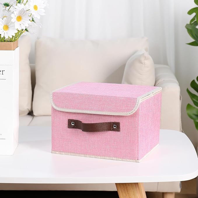 ANMINY Storage Bin with Lid Storage Boxes with PU Leather Handles PP Plastic Board Decorative Foldable Lidded Cotton Linen Fabric Home Cubes Baskets Closet Organizer Container - Pink, Small Size