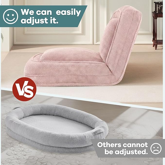 Human Dog Bed for Adults & Pets, 5-Position Adjustable Floor Chair, Convertible Lazy Sofa Bed with Metal Frame & 2 Pillows, Plush Gaming Lounge for Living Room Bedroom Office (Pink)