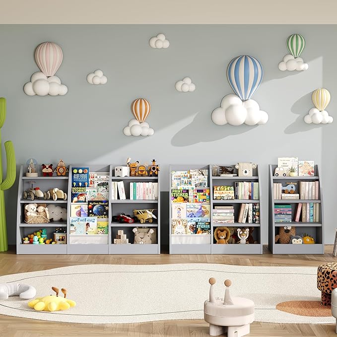 4 Tier Kids Bookshelf Set of 2,4 Layer Sling Kids Book Shelf for Kids Rooms,Wood Children Bookcase,Baby Storage Book Rack,Toddler Bookshelf, Book and Toy Organizer,Book Display Shelf for Nursery