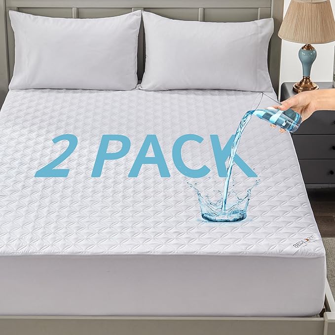 BEDLORE 2 Pack Waterproof Mattress Protector, King Size Mattress Pad with Deep Pocket Fitted Up to 6-18 inches, Soft Noiseless Single Bed Mattress Cover for Bedroom, Dorm Room (White)