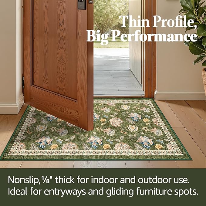 jinchan 2x3 Floral Rug for Entryway Washable Kitchen Rug Vintage Romance Design Small Mat Non Slip Indoor Doormat Lightweight Low-Profile Throw Carpet for Entrance Bathroom Laundry Room, Green