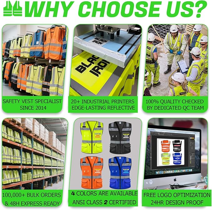 BeautyWill Custom Logo 5 Pack Safety Vest Mesh High Visibility Reflective Vest Customized Logo Utility Zipped Pockets Construction Workwear （Yellow,4XL）