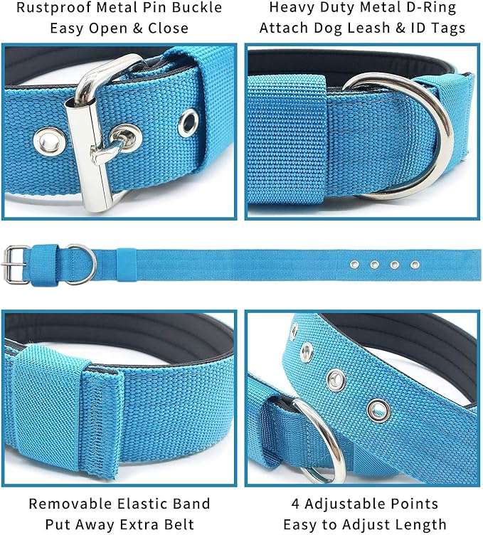 Heavy Duty Tactical Dog Collar - 1.5" Width Military Durable Thick Nylon with Adjustable Metal D Ring & Buckle Working Training K9 Collar for Medium Large Dogs (S(14"-17"), Light Blue)