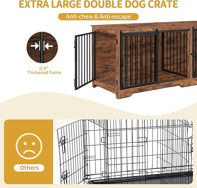 78" Dog Crate Furniture for 2 Dogs, Double Dog Cage with Divider, Wooden Heavy Duty Dogs Kennel, Pet Cage with Barn Door, TV Stand for Large Small Medium Dogs, Rustic Brown DFC83701BV1