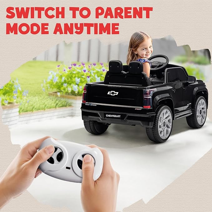 Qaba 12V Kids Ride on Truck, Chevrolet Silverado EV RST Licensed Electric Car with Parent Remote Control, Back Storage, Spring Suspension, Soft Start, Auxiliary Wheels, LED Lights, Music, MP3, Black