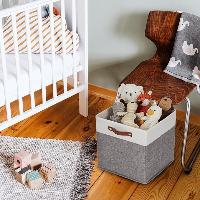 HNZIGE Foldable Storage Bins 13x13 Storage Cubes Set of 4 Fabric Linen Storage Baskets for Shelves Drawer with Handles Organizer for Shelves Toy Nursery Closet Bedroom