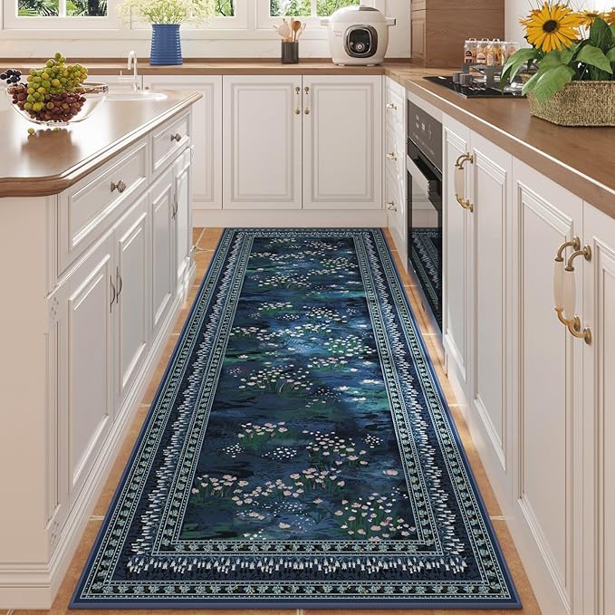 2x6 Runner Rug Impressionist-Style Vintage Kitchen Rugs Non Slip Washable Soft Carpet Runner for Kitchen Laundry Bedroom Bathroom, Blue