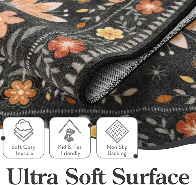 Moynesa Washable Round Rug 6ft, Ultra Thin Circle Living Room Area Rug Non Slip, Low Pile Soft Indoor Boho Bird 6'x6' Black Large Throw Carpet for Dining Room Under Table Office Bedroom