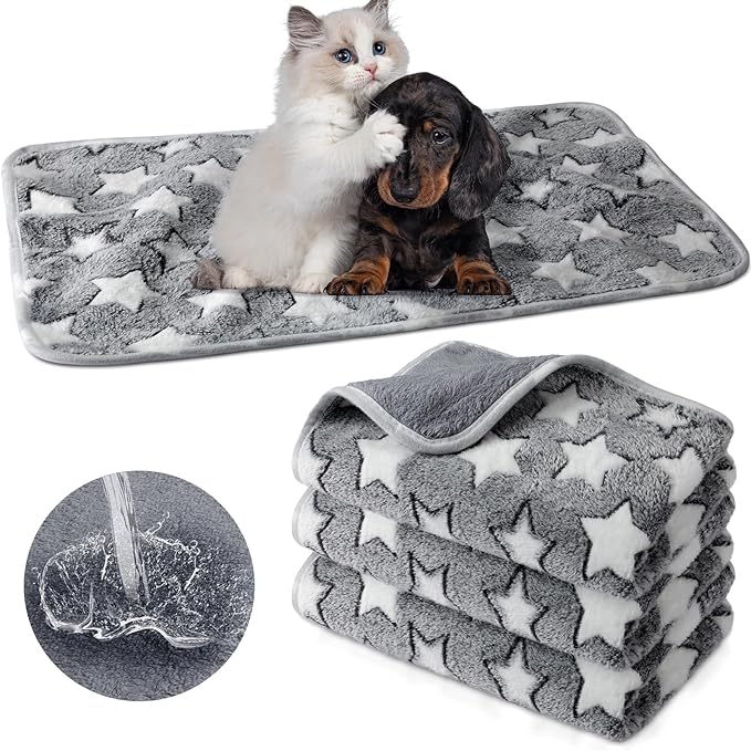 Tranqun 4 Pcs Waterproof Dog Blankets 30 x 21 Inch Washable Puppy Blankets for Small Dog Reusable Pet Pee Pad Soft Reversible Fleece Cat Blanket Sleep Floor Mat for Guinea Pig Cage Liners (Gray)