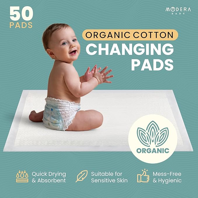 Organic Cotton Disposable Changing Pad Liners | Large 18x24 Hypoallergenic Ultra Absorbent & Waterproof Super Soft, Quilted Underpads for Baby Diaper Table & Travel, Leak Proof & Mess Free [50-Pack]