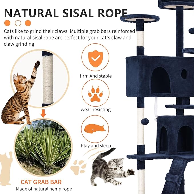 70 Inch Navy Blue Cat Tree, Tall Cat Tower with 2 Condos, 3 Scratching Posts, Multi-Level Platforms - Sturdy Climbing Structure Tall Cat Tower for Indoor Cats