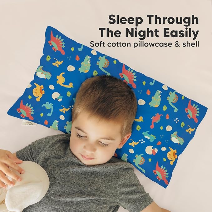 Toddler Pillow with Pillowcase - 10x18 My Little Dreamy Kids Travel Bed Pillows for Sleeping, Organic Cotton Small Pillowcase, Soft & Breathable, Machine Washable, Toddlers 2-5 Years Old (DinoWorld)