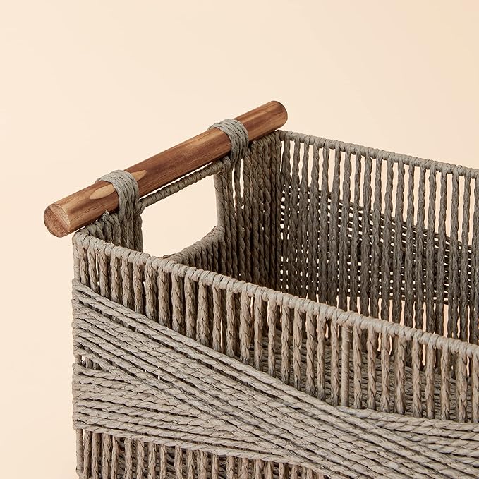 LA JOLIE MUSE Wicker Storage Baskets for Organizing, Recyclable Paper Rope Basket with Wood Handles, Decorative Hand Woven Basket Organizers for Makeup Books Shelves Living Room, Grey, Set of 2