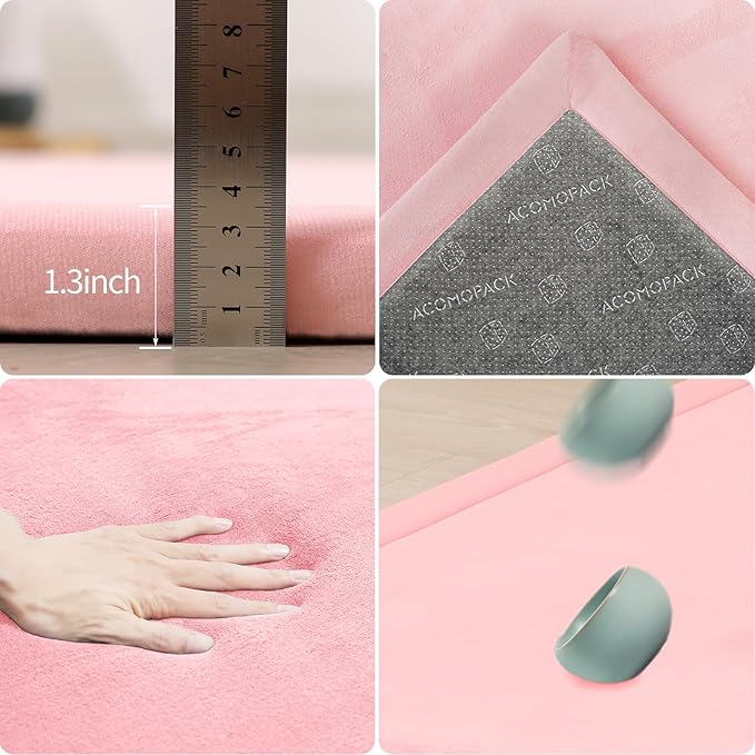 ACOMOPACK Baby Play Mat for Floor 1.3" Thick Memory Foam Play Mat 79"×118" Tummy Time Crawling with Non-Slip Bottom for Living Room,Nursery,Soft Velvet Playpen Mats for Kids,Infants（Pink）